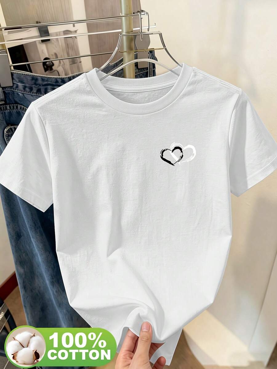 Camiseta pura de manga corta y cuello redondo con estampado de patrón de corazones de amor entrelazados, elegante y transpirable, adecuada para salidas diarias, desplazamientos al campus, picnics y otras ocasiones 15382