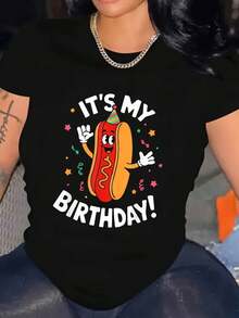 Camiseta de Cuello Redondo para Mujer Talla Grande con Estampado de "Es Mi Cumpleaños" y Hot Dogs - Top Casual Suave de Manga Corta con Cuello Redondo, Diseño Colorido para Fiesta, Camiseta con Temática de Hot Dogs Blusas Para Mujer Casual - Negro - Ver 7