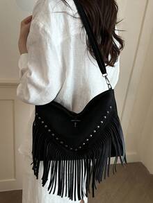 Bolso bandolera de cuero retro de moda, bolso de hombro estilo bohemio con flecos y remaches, cartera cuadrada casual, bolso de mensajero adecuado para viajes y uso diario, bolso bandolera d - Negro 4 - Ver 5