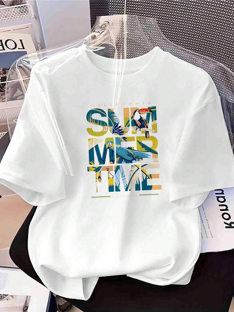 California Summer Paradise Print Camiseta inspiradora de mujer - Top de cuello redondo - Diseño ligero de fantasía casual de primavera/verano y cita de autor - Ropa casual cómoda lavable a máquina