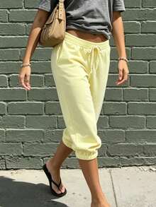 Women's Heathered Capri Sweatpants, Drawstring Waist Casual Cropped Joggers - 黃色 - 查看 5