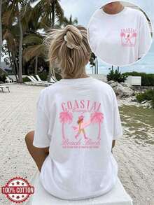 Plus Size, Short Sleeve, Women's Vacation Sets [Double-Sided Print On Front And Back] Women's Casual Loose Spring Summer Beach Style Palm Print Surfboards Beach Style Denim Beach Sand Print Short Sleeve Round Neck Pure Cotton Plus Size Off Shoulder T-Shirt [Chu], Women's Tops, Women's Vacation Sets 2026, Beach Sets, 100% Cotton. - 白色 - 查看 1