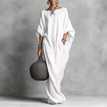 Elegant Solid Color Casual Maxi Dress, European American Retro Style 2026, Women's Long Sleeve Off-Shoulder - 白色 - 查看 3