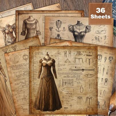 36 stuks 15 cm vintage naaipatroonpapier in Victoriaanse stijl, met een verweerde textuur, elegante retro-uitstraling, geschikt voor collages, origami, decoratiepapier, knutselprojecten, scrapbooking, bullet journals en kunstcollages | Natuurlijke elementen