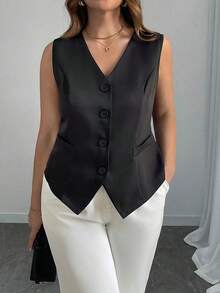 elegante de talla grande de un solo botonadura y ajustado, negro - Negro - Ver 6