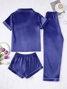 Conjunto de pijama de 3 piezas para mujer con cuello de seda falsa de unicolor y ribete contrastante - Azul - Ver 2