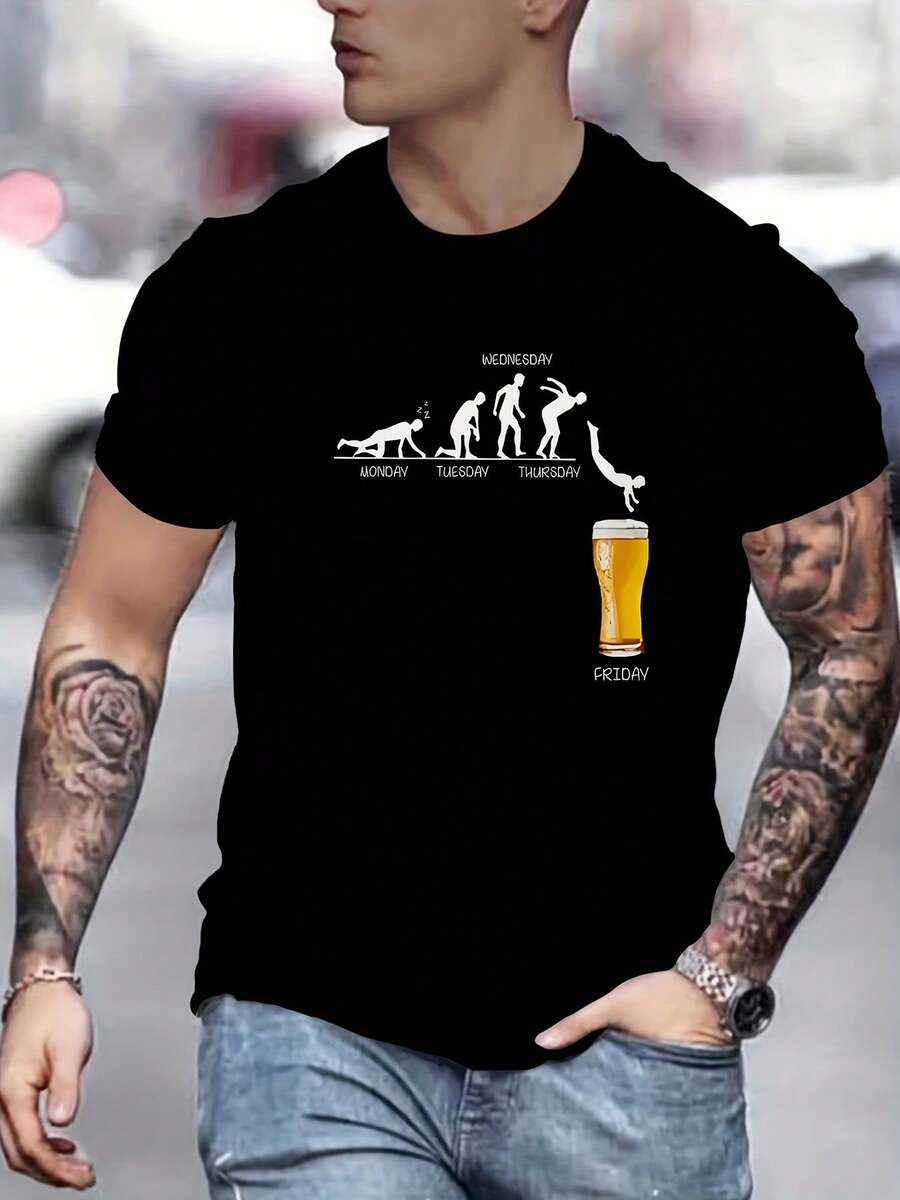 Camiseta de Hombre con Estampado 3D Novedoso - Cuello Redondo Casual, Poliéster, Lavable a Máquina - Camiseta Gráfica Única para Uso Diario y Vacaciones - Negro - Ver 1