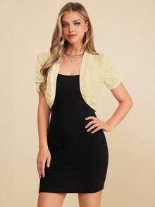 Clasi Chaqueta corta elegante de mujer con encaje blanco y manga corta, de apertura frontal, para otoño/invierno - Amarillo claro - Ver 4