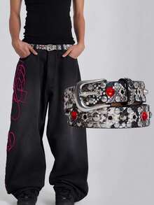 1 chiếc thắt lưng unisex màu be, họa tiết da rắn dập nổi, đính đinh tán, trang trí đá giả ruby và ngọc trai trắng, khóa phối hợp, đa năng. - Nhiều màu - Xem 1