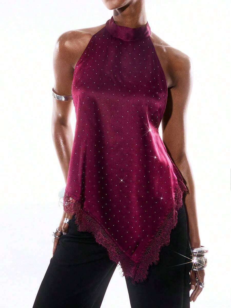 2026 Nuevo Top de Tirantes Minimalista de Primavera/Verano para Mujer, unicolor, Cuello Alto, Sin Mangas, Volantes, Bajo Asimétrico, Color Azul Marino - Burdeos - Ver 1