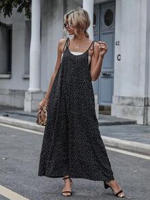 LUNE Jumpsuit de lunares con bolsillos oblicuos de hombros con cordón sin top tubo - Negro - Ver 4