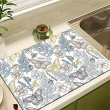 1 pieza Alfombrilla absorbente para secar platos con estampado de mariposa y flores, alfombrilla absorbente para encimera de máquina de espresso, alfombrilla absorbente para fregadero, alfombrilla absorbente suave para grifos, alfombrilla absorbente para tazas de fregadero, accesorios para el hogar y la cocina, accesorios de baño - Multicolor - Ver 10