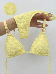 Bikinx Bộ bikini hai dây nữ kiểu dáng thường ngày dễ thương, quần bikini xẻ cao in họa tiết, đồ bơi buộc dây hở lưng, thích hợp cho kỳ nghỉ. - Vàng nhạt - Xem 2