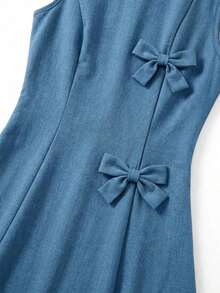Vestido de línea A con cintura ceñida y decoración de lazo en unicolor para mujer, adecuado para la escuela, picnics de fin de semana, salidas casuales con amigos, de estilo fresco y dulce - Blanco y Negro 3 - Ver 11
