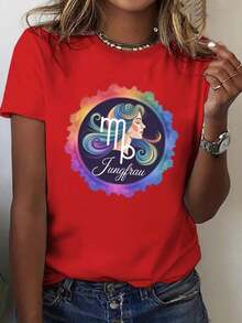 Virgo Zodiac Symbol With Colorful Waves Representing Harmony And Mystical Energy On A 100% Cotton Women's T-Shirt - 紅色的 - 查看 7