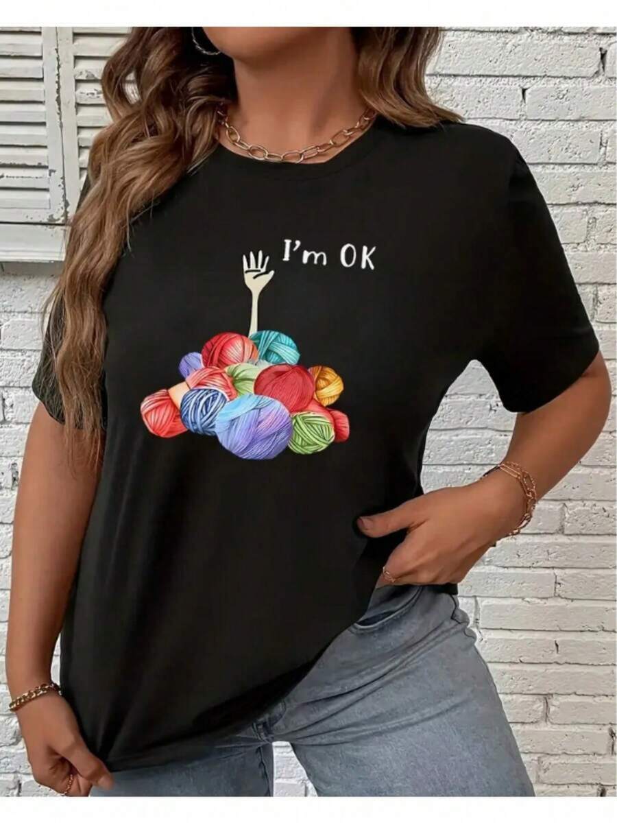Unique "I'm OK" T-Shirt With A Colorful Skein Design, Perfect For Y2K Fashion. With A Fun Style That Highlights Your Personality, It's Ideal For Accompanying You On Your Most Creative Days. Dare To Wear This Original Garment, Made In Mexico! VNSA - 黑色 - 查看 1