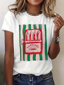 2026 New Products Of Great: Women's Round Neck Cotton T-Shirt, Retro Sardine Print T-Shirt For Women - Short Sleeve Round Neck T-Shirt, Casual Summer Printed For Beach Sets And Casual Outfits, Simple And Comfortable With Great Breathability. - 白色 - 查看 2