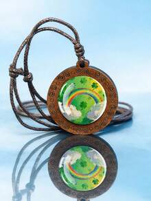 1PC Four Leaf Clover Patterned Dome Glass Inlaid Wooden Pendant Necklace, Paired With Woven Rope Chain, Retro Texture Design, Suitable For Daily Wear Or As A Holiday Gift. - Chocolate Brown - View 10