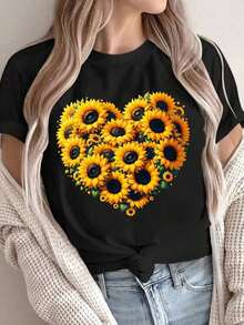 Women's Clothing Sunflower Heart Print T-Shirt For Women - Casual And Sporty, Breathable Cotton, Short Sleeve, Round Neck - Perfect For Spring And Summer Women's Shirts - 黑色 - 查看 6