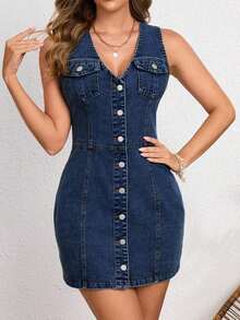Women Denim Dresses - Dark Washed Blue - View 3