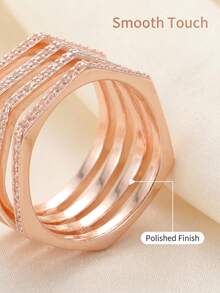 Geometric Multi-Layer Open Ring, Sparkling Zirconia Rose Gold Band, Adjustable Stackable Statement Jewelry For Daily & Occasions - Multicolor - View 6