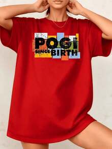 Camiseta de Mujer con Estampado Gráfico "Pogi Desde el Nacimiento" para Celebración de Cumpleaños, 100% Algodón, Cuello Redondo, Corte Holgado, Estilo Casual, 1 Pieza. Son Excelentes Regalos para Amigos y Familiares. - Rojo - Ver 7