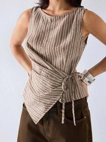 Blusa casual y versátil de uso diario con rayas para mujer - Marrón - Ver 4