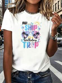 NEW Women's Casual Sports T-Shirt, Short Sleeve With Tropical Graphic Print "AWSHIP IT'S A BIRTHDAY TRIP", Palm Tree And Sun Design, Perfect For Summer - Vintage Urban Style, Unisex Cotton T-Shirt, Short Sleeve, Round Neck And Loose Fit. - 白色 - 查看 8