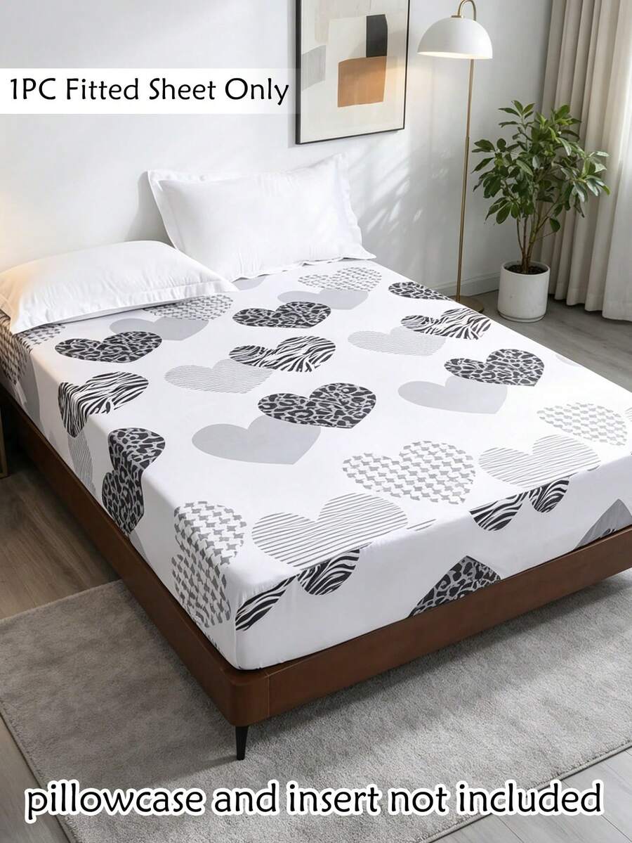 1pc Black & White Leopard Print Heart Pattern Fitted Sheet, Minimalist Modern Style Polyester Fitted Sheet, Suitable For All Seasons, Soft & Breathable, Machine Washable, Deep Pocket - Black and White - View 1