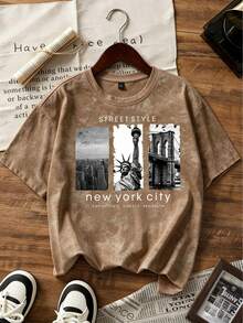 Camiseta de manga corta con estampado gráfico de la ciudad de Nueva York, estilo callejero casual con lavado vintage, color negro, para verano - Marrón - Ver 2