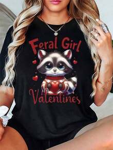 Camiseta de cuello redondo con estampado de cartas de amor para el Día de San Valentín, de manga corta, para mujer, se puede usar en todas las estaciones, top de mujer, regalos para las fiestas. - Negro - Ver 1