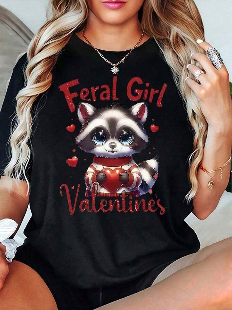 Camiseta de cuello redondo con estampado de cartas de amor para el Día de San Valentín, de manga corta, para mujer, se puede usar en todas las estaciones, top de mujer, regalos para las fiestas. - Negro - Ver 1