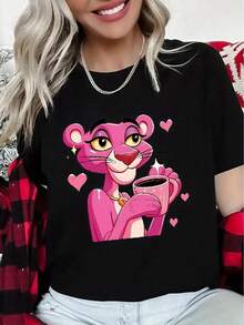 Top elástico de manga corta para mujer, casual de primavera/verano, con cadena dorada y estampado de leopardo rosa para el Día de San Valentín - Negro - Ver 1