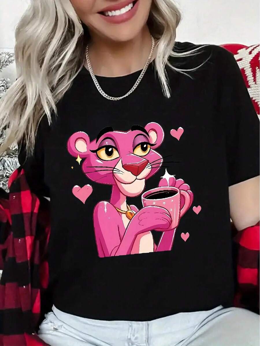 Top elástico de manga corta para mujer, casual de primavera/verano, con cadena dorada y estampado de leopardo rosa para el Día de San Valentín - Negro - Ver 1