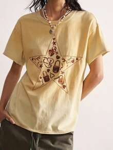 Camiseta de manga corta holgada de punto de cuello redondo de unicolor casual para mujerPure-Cotton - Albaricoque - Ver 3