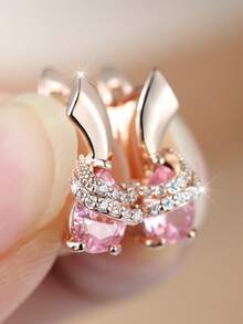 A Pair Of Luxurious And Enchanting Pink Gemstone Hoop Earrings-Designed For Women And Young Ladies, The Perfect Gift For A Party - Golden Yellow + Pink - View 1