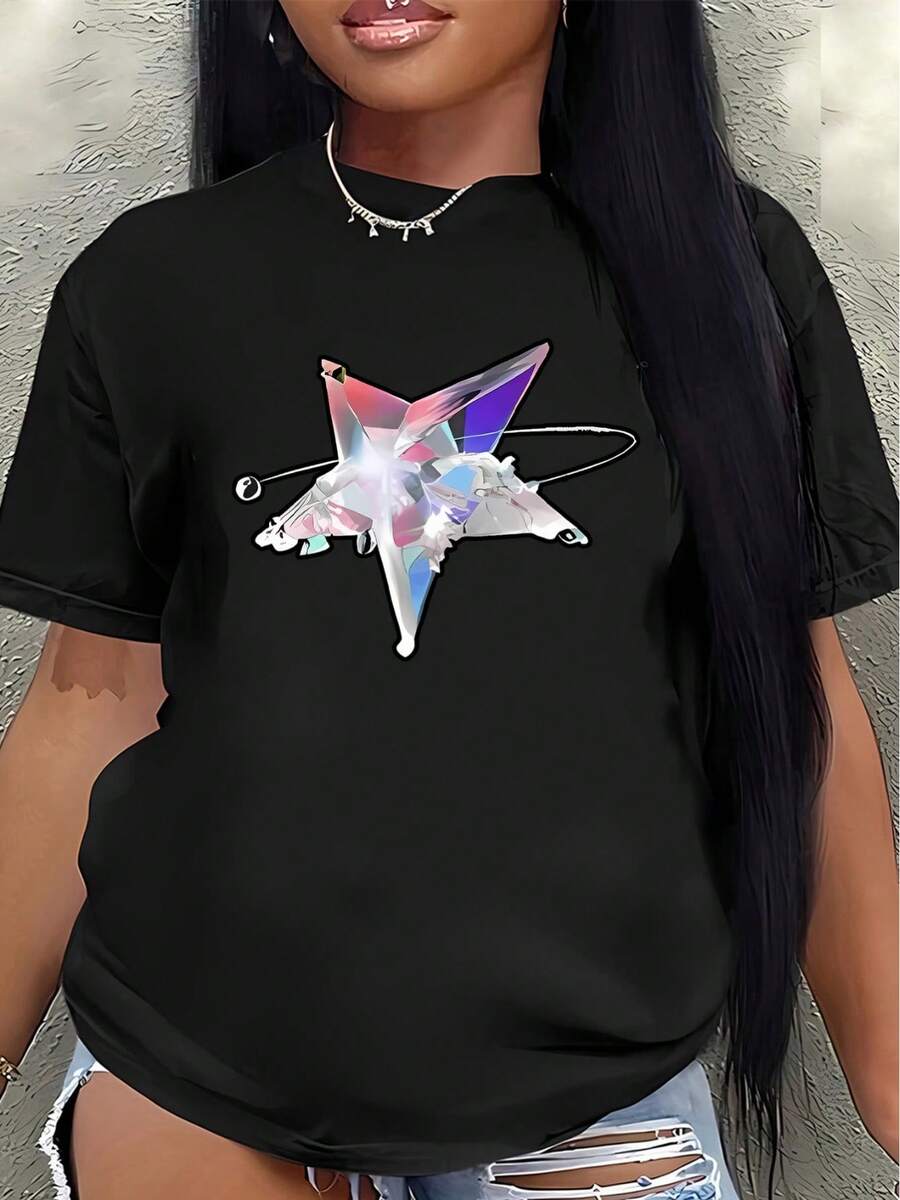 This Lightweight And Durable Short-Sleeved T-Shirt Features A Vibrant Star Design, Making It Perfect For Lounging At Home Or Dining Out, Offering A Comfortable Everyday Wear Experience. (Women's Casual Blouse) - 黑色 - 查看 1