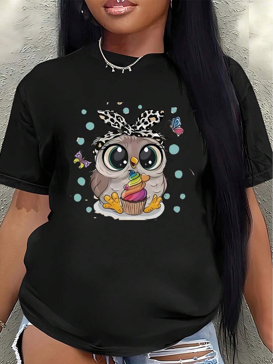 Lightweight And Durable Short-Sleeved T-Shirt With Cute Owl And Cupcake Designs, Perfect For Relaxing At Home Or Hanging Out At A Coffee Shop, And Designed For Everyday Comfort With Fun Cartoon Prints. Women's Casual Blouse - 黑色 - 查看 1