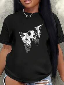 Polyester Short-Sleeved T-Shirt, Decorated With A Cat Skull Design, Lightweight And Durable, Suitable For Casual Wear At Home Or In A Cafe, Offering Both Everyday Comfort And Style. Women's Casual Blouse - 黑色 - 查看 7