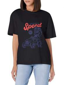 Women's Short-Sleeved T-Shirt, Slim Fit, Casual, With A Print Of A Person On A Motorcycle With A Red Cap, Made Of Soft Cotton, Round Neck, Basic And Versatile. - 黑色 - 查看 6