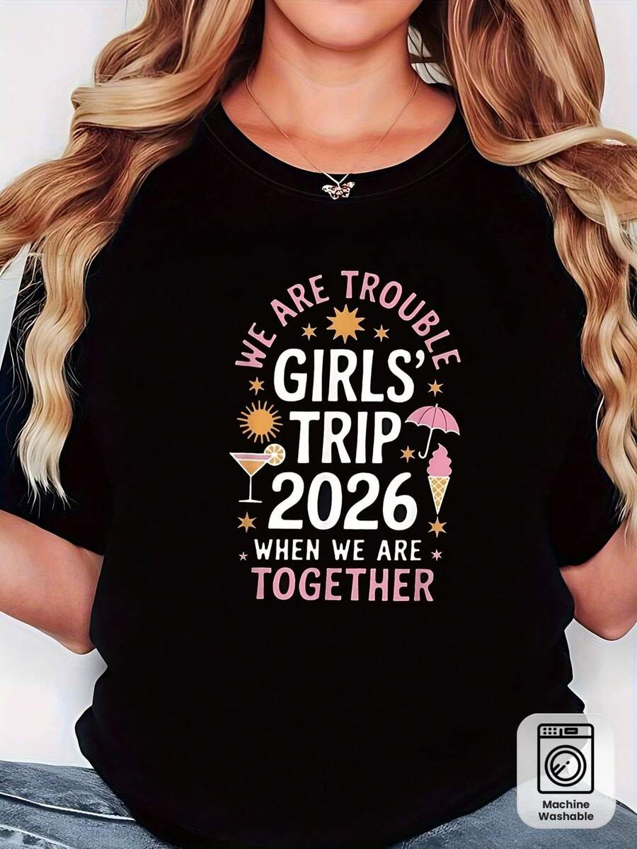Women's T-Shirt, "Trip 2026" Bestie Travel Print, Fun Bestie Style T-Shirt, Suitable For Trips With Best Friends, Birthday Parties And Other Occasions, Black Short Sleeve T-Shirt With Printed Round Neck - Machine Washable, Suitable For Spring, Summer And Autumn. - 黑色 - 查看 1