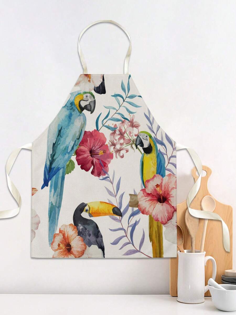 1pc Tropical Bird & Floral Pattern Single-Sided Printed Apron, Unisex Home Kitchen Neck-Tie Apron, Home Decor Cooking Protective Apron - Multicolor - View 1
