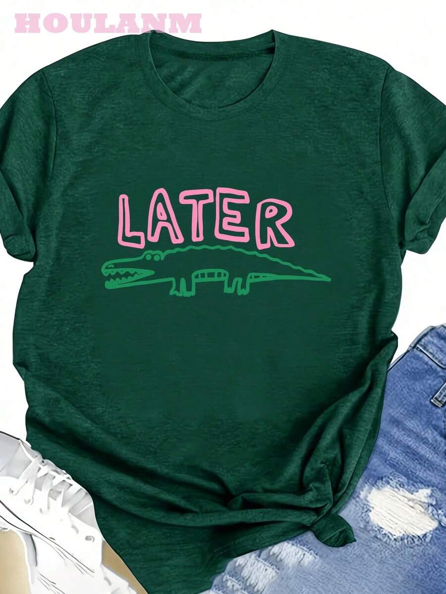 Women's Crocodile Print T-Shirt "Later Gator" | Spring Tops, Plus Size Short Sleeve T-Shirt, Women's Clothing, Summer Clothes For Women - 綠色 - 查看 1