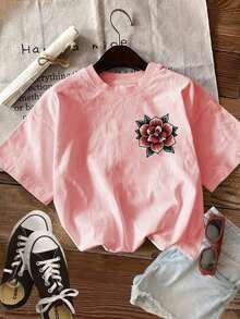 Women's Short-Sleeved T-Shirt, 100% Cotton, Double-Sided Print, Round Neck, Casual Style, Graphic Design Of Snake And Peony In Traditional American Tattoo Style, Summer Top. - 粉色 - 查看 4