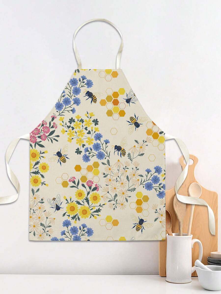 1pc Bee & Floral Pattern Single-Sided Printed Apron, Unisex Home Kitchen Neck-Tie Apron, Home Decor Cooking Protective Apron - Multicolor - View 1
