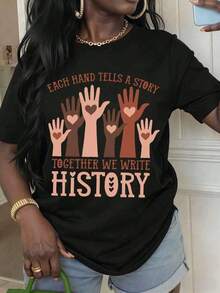 [African Pride T-Shirt] Every Hand Tells A Story, Together We Write History. T-Shirt For Women And Girls, For Empowerment And Unity. Graphic Print T-Shirt Of African Heritage For Casual Wear And Activism Events. - 黑色 - 查看 10