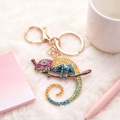 Gradient Chameleon Keychain, Gold-Tone With Multicolor Rhinestone, Exotic Lizard Bag Charm, Ideal For Handbag Decor & Animal Lover's Gift