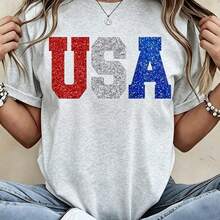 100%CottonGlitter Usa Patriotic T Shirt Red White And Blue Sparkle Print For Independence Day Celebration Party WearBreathable Cotton Tee, All Match - 灰色 - 查看 16