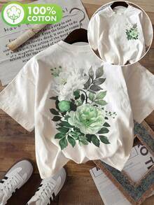 [Double-Sided Print] Fashionable Women's Top, Summer Clothes For Women, Cool Style With Green Peony Leaf Print, Round Neck, Short Sleeve T-Shirt, Winter Clothes For Women - 白色 - 查看 7