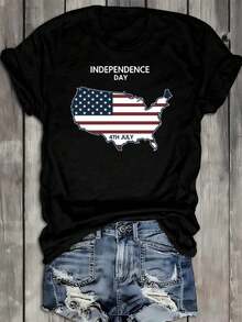 Camiseta Deportiva Casual para Mujer --Shirt Negra Elástica de Cuello Redondo con Diseño de DÍA DE LA INDEPENDENCIA y Mapa Rayado, Lavable aáquina, Ajuste Cómodo y Apta para Todas las Estaciones, para Celebraciones y Uso Diario. - Negro - Ver 6